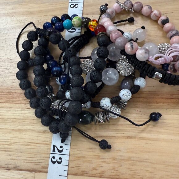 Stack Set Of 7 Beaded Adjustable Bracelets With Lava Rock Gemstone & Crystal Bea - Picture 8 of 8